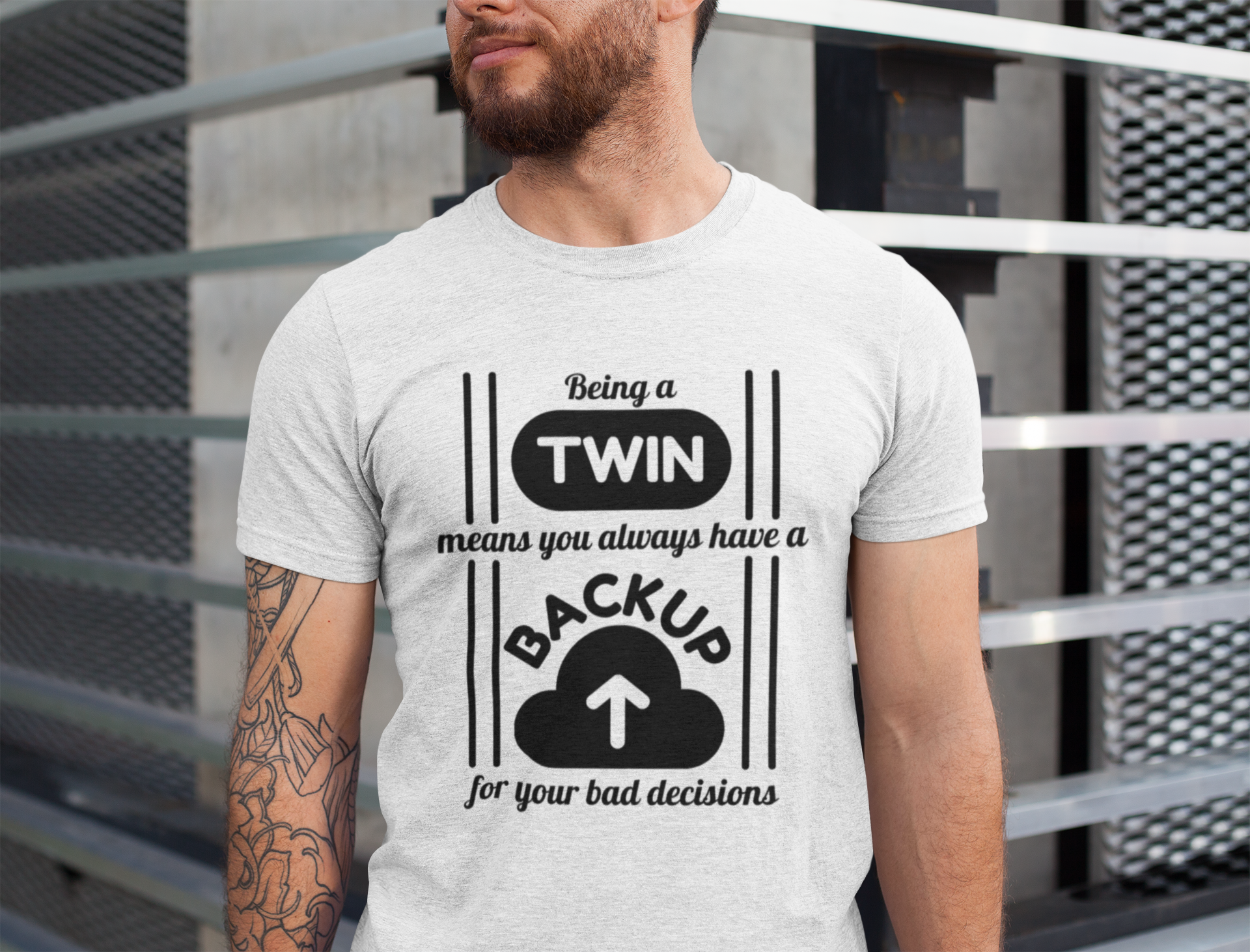 A man wearing white twin shirt for adults