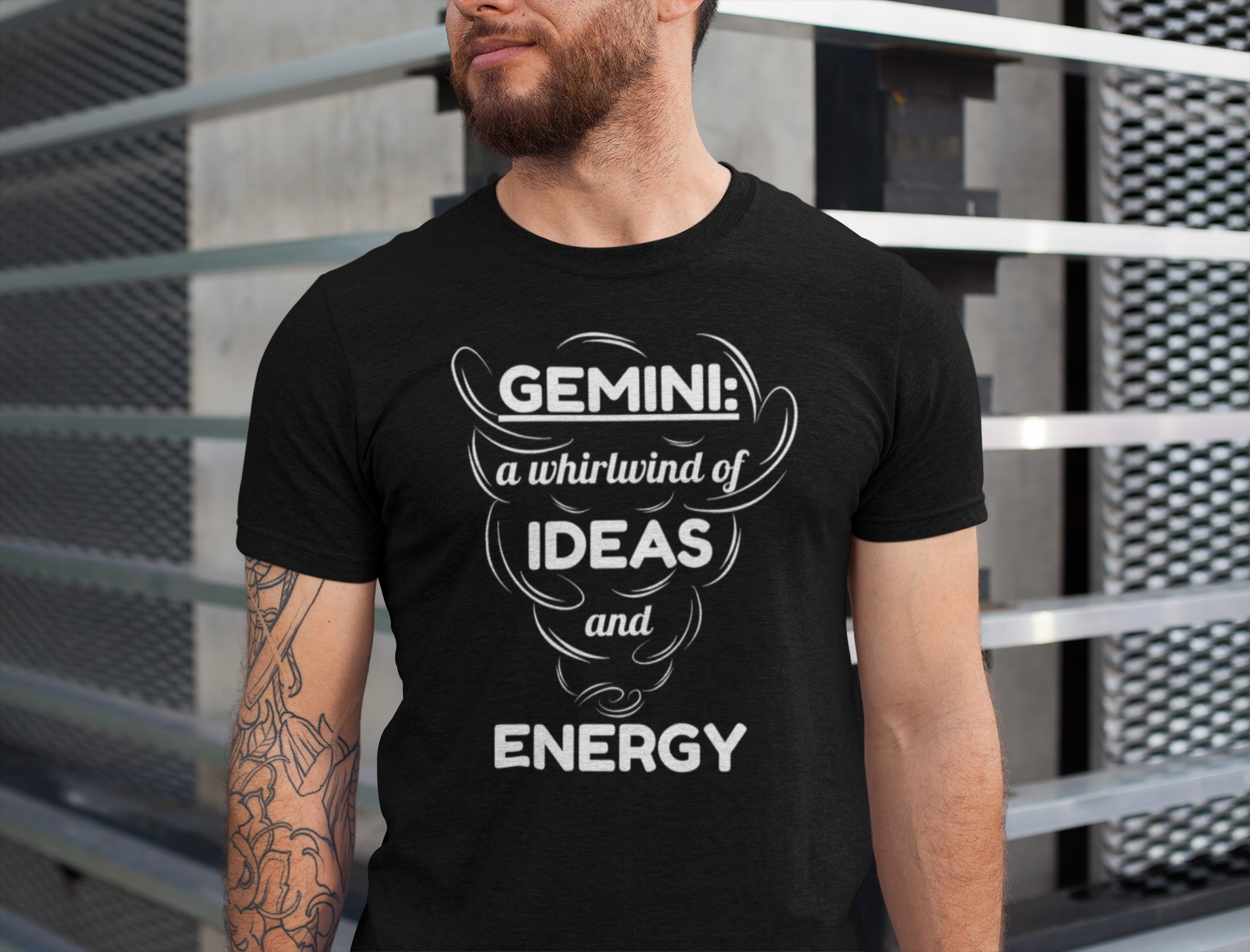 Man wearing a black t-shirt for Gemini with Gemini zodiac design and text.