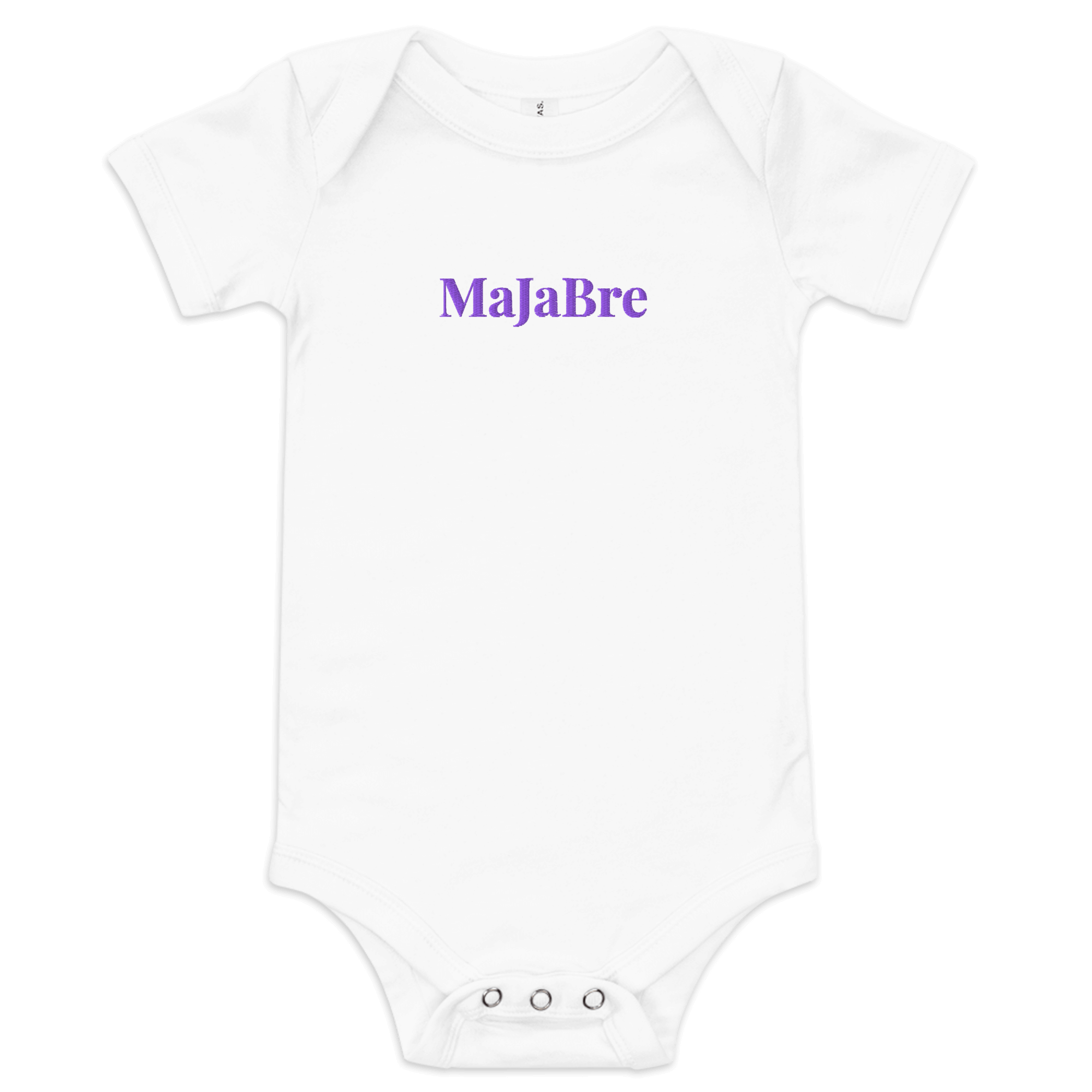 white twin bodysuit with purple majabre sign