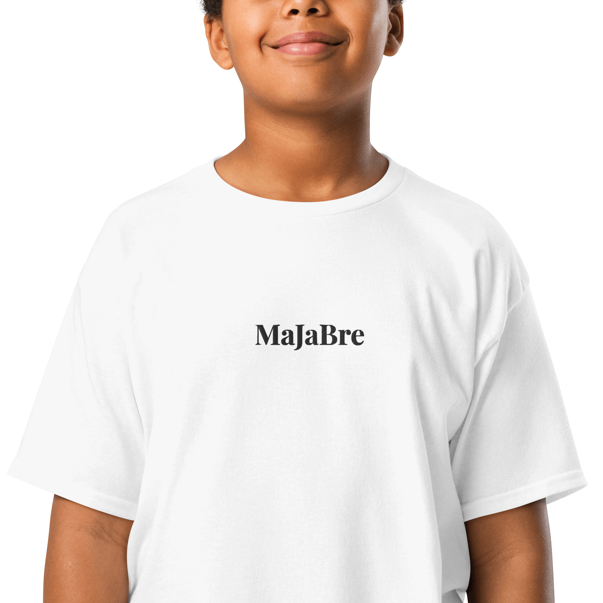 A boy wearing white twin shirt for kids with black majabre sign