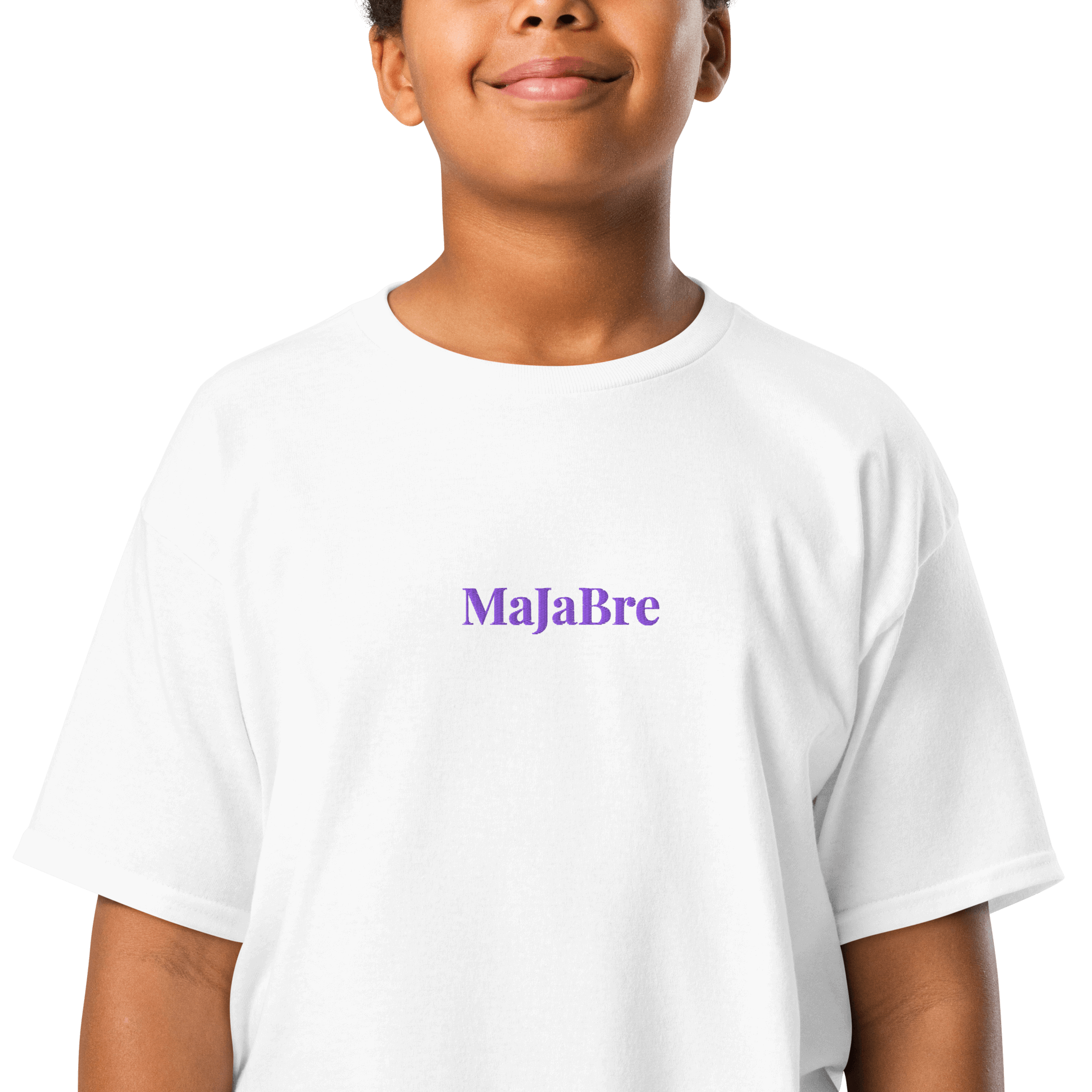 A boy wearing white twin for kids with purple majabre sign 