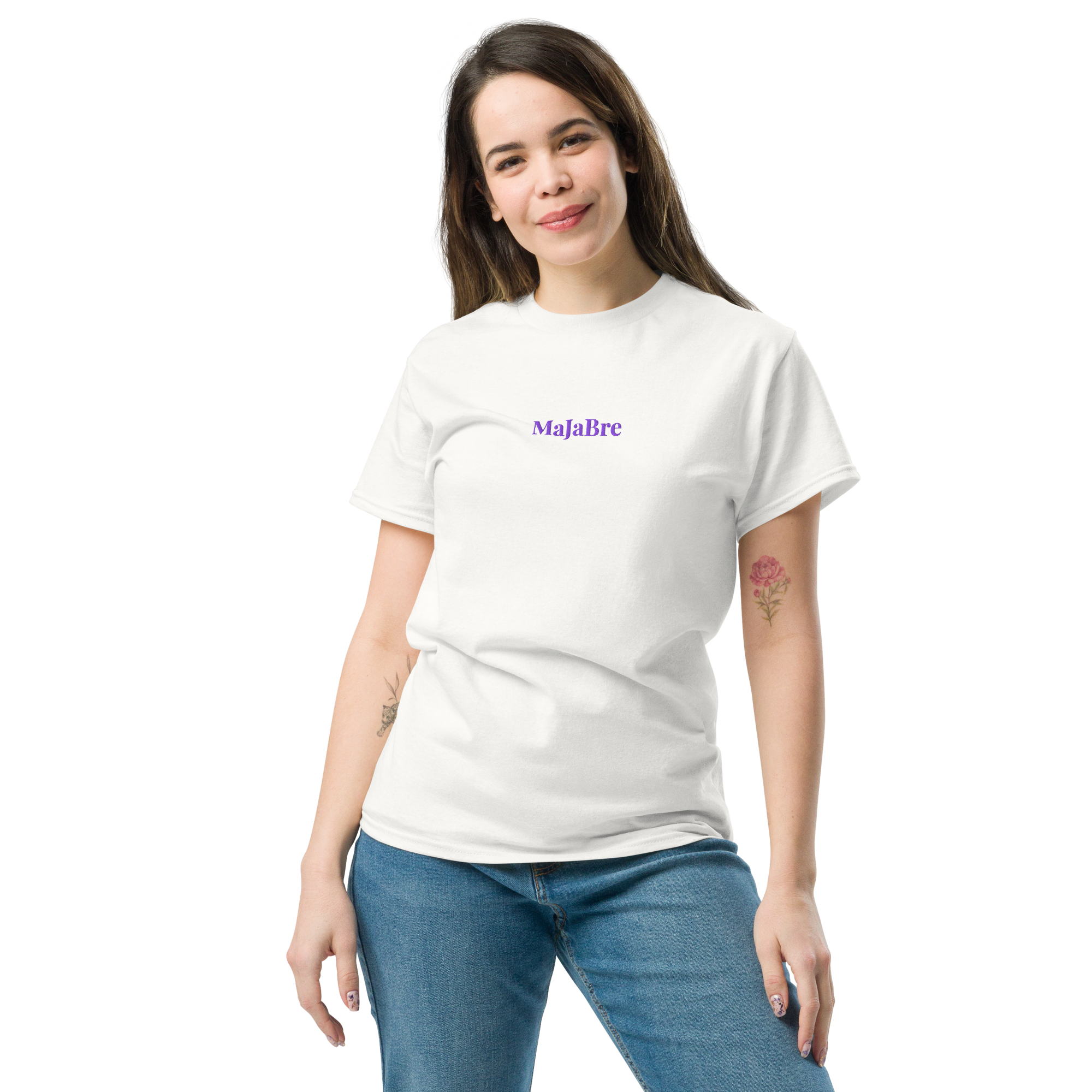 A woman wearing white twin shirt with purple MaJaBre sign.