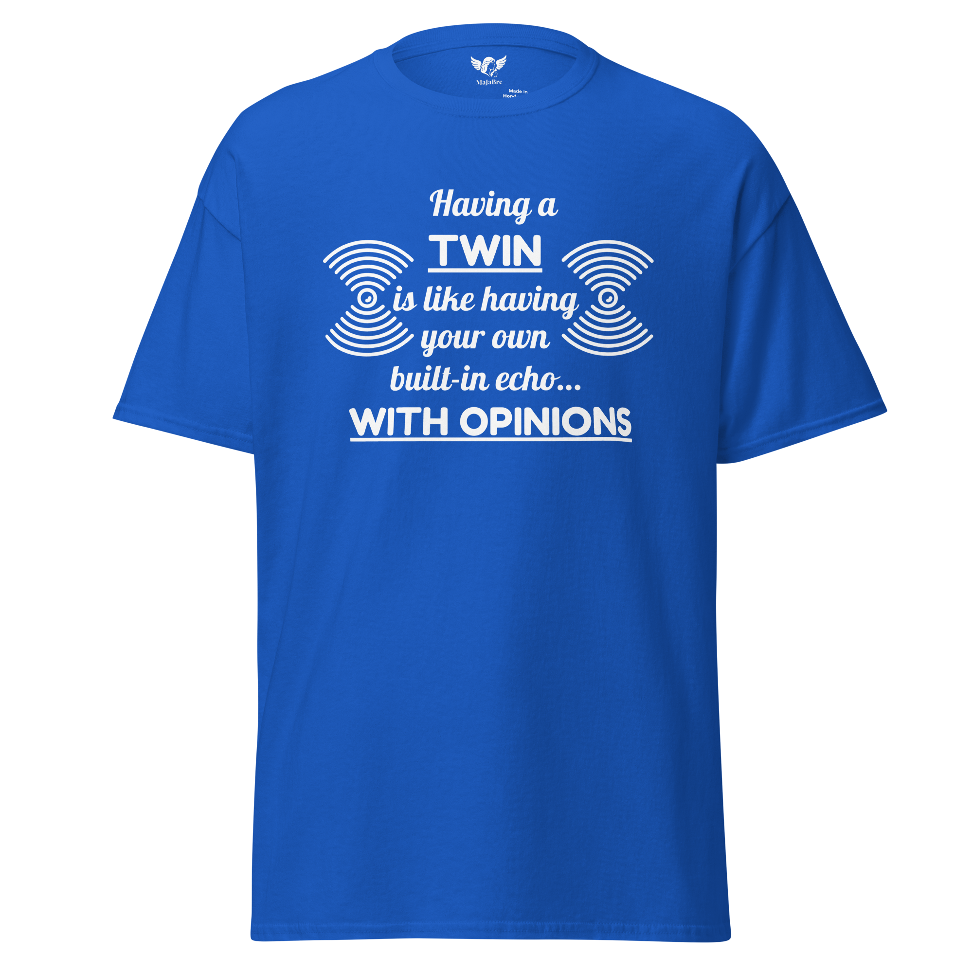 Twin vibes t-shirt - twin with opinions (white, blue shirt)