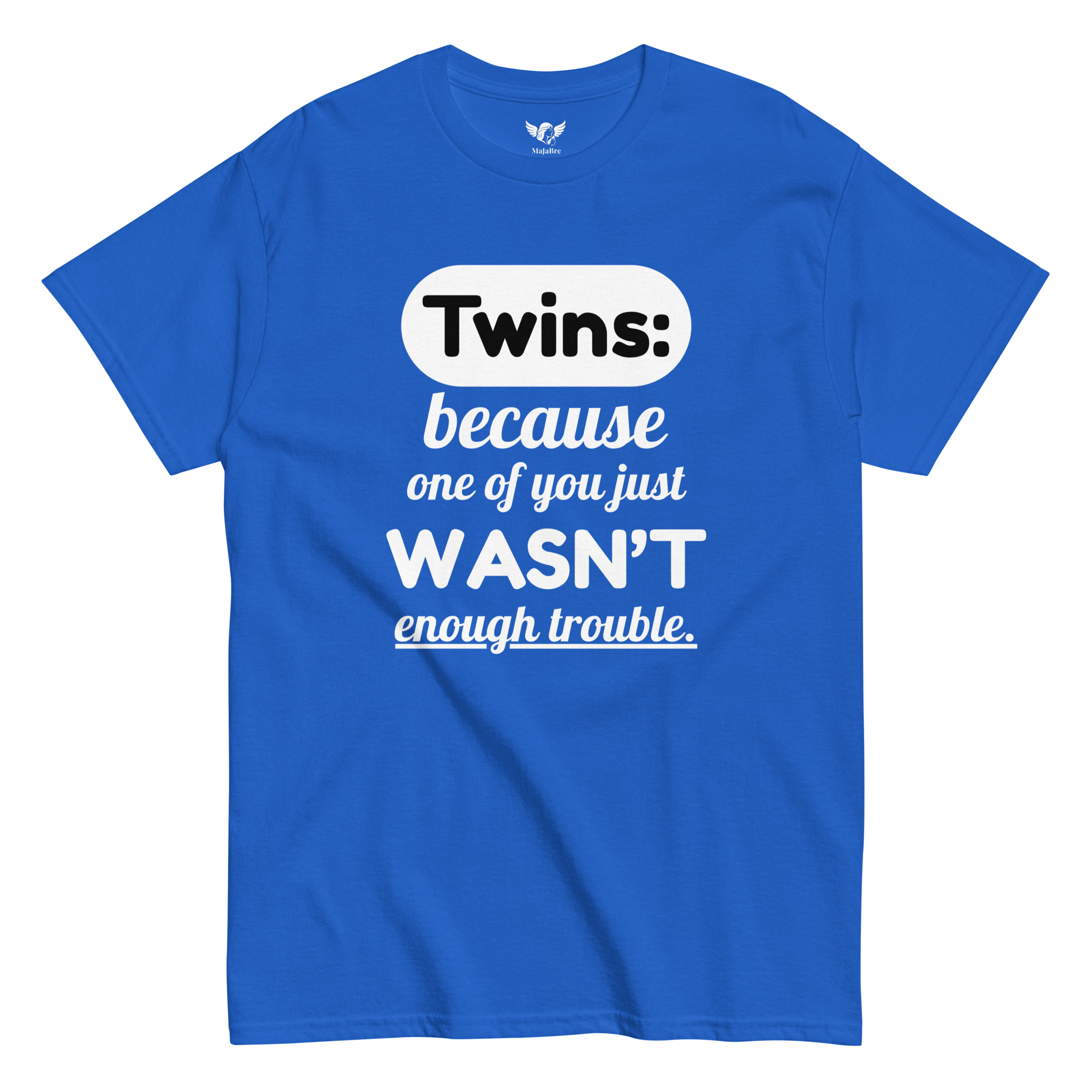 twin energy t-shirt - trouble (white, blue shirt)