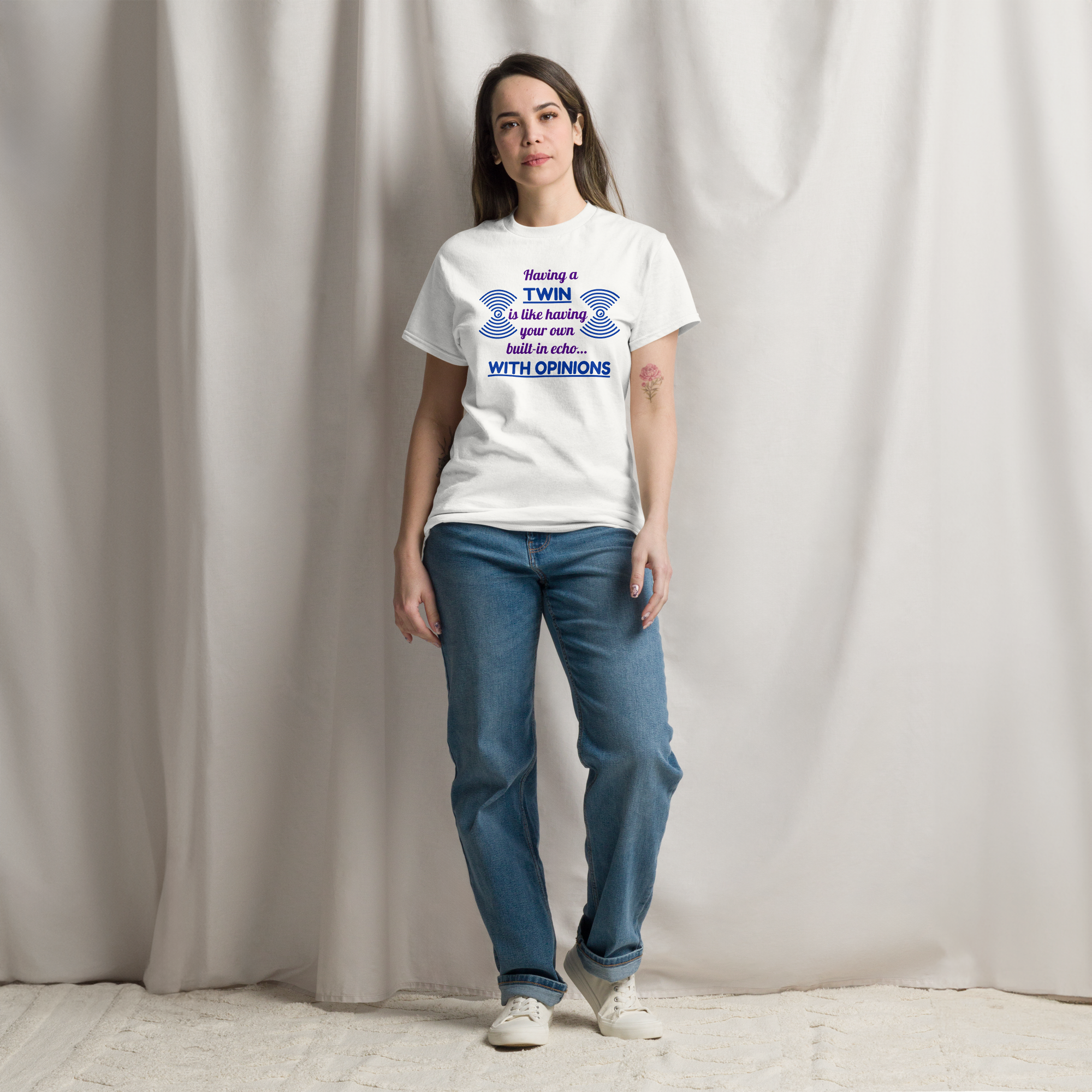 A young woman wearing twin energy t-shirt 