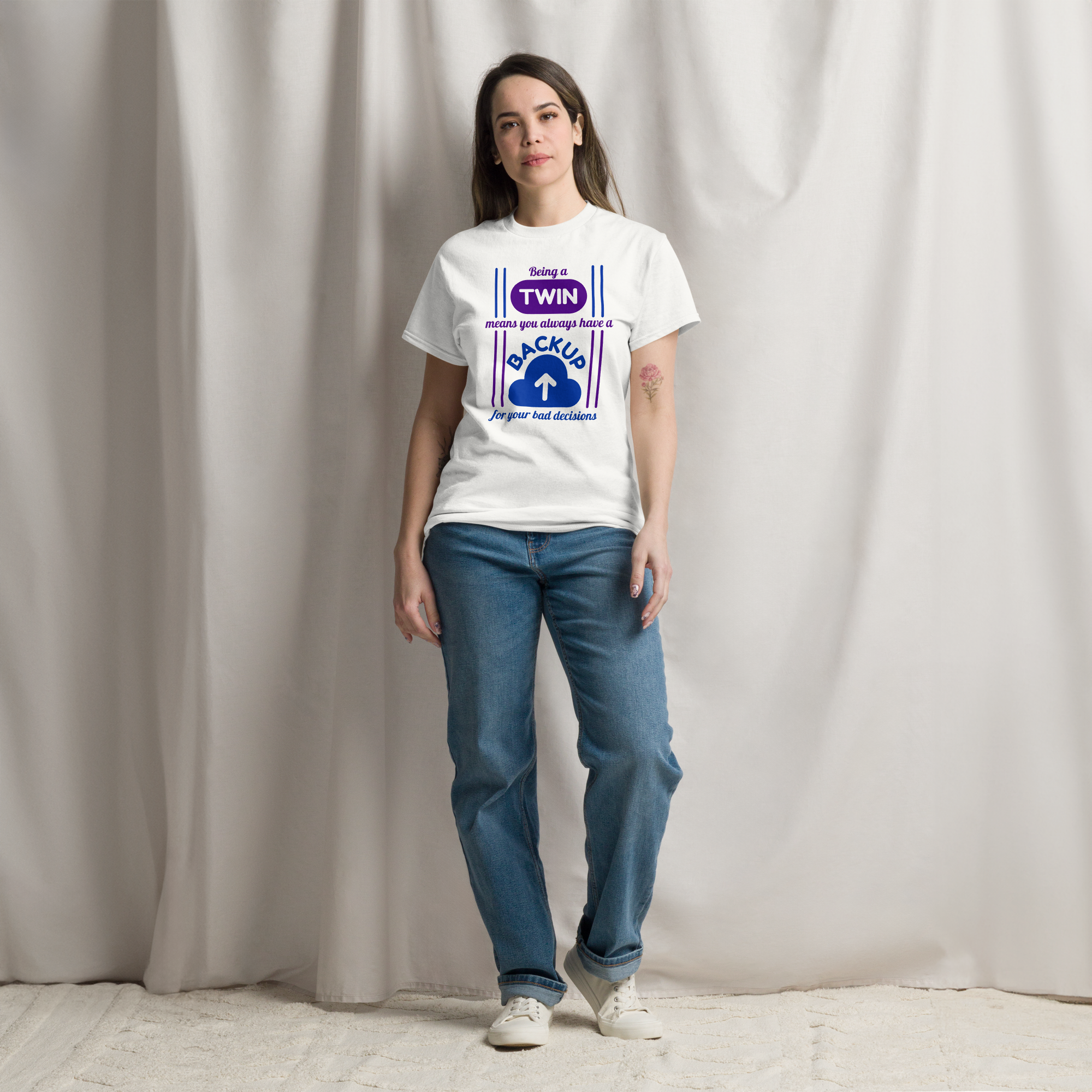 A woman wearing white twin shirt for adults